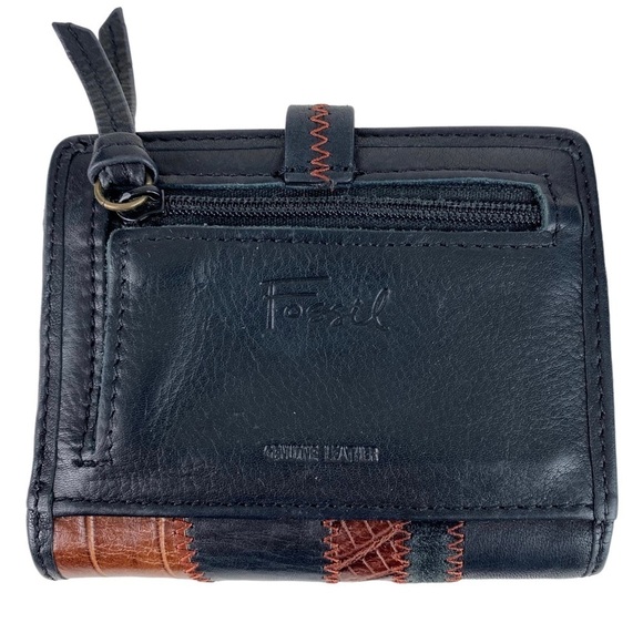 Fossil Leather Patchwork Wallet Black Brown Trifold - Picture 2 of 5